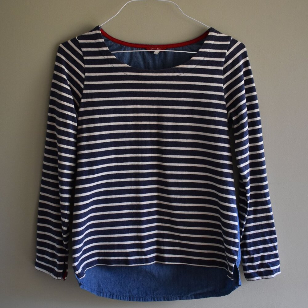 Joules Navy and White Striped Shirt with Denim Back